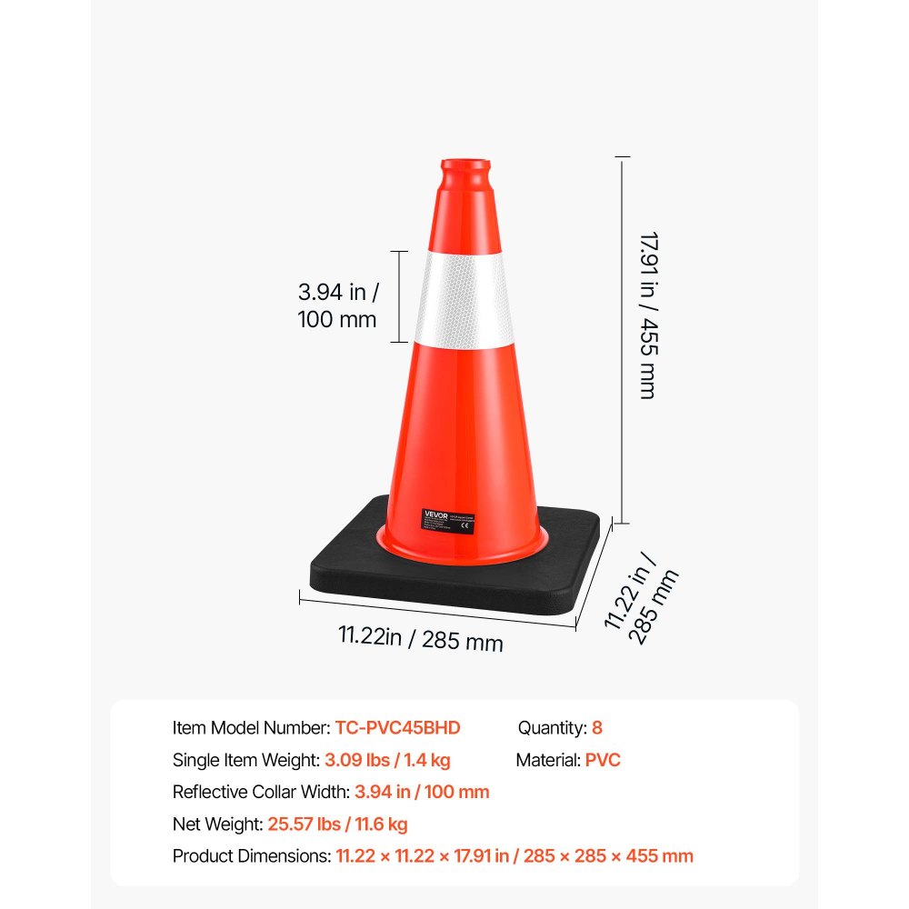 VEVOR Warnkegel 8er-Pack 455 mm Verkehrskegel Verkehrshütchen Pylonen PVC, für Parkplätze, Absperr- oder Warnbereiche, Verkehrsleitkegel mit Hochsichtbaren Reflektorstreifen, Platzsparend Stapelbar