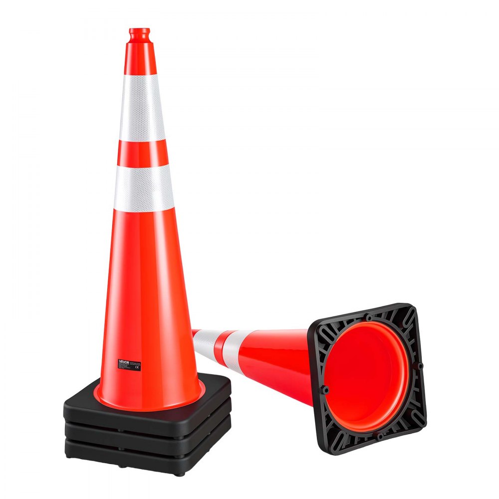 VEVOR Traffic Safety Cones 4 Pack 915 mm Flexible PVC Orange Traffic Cones, For Highway Warning or Traffic Control, Weighted Black Base, Reflective Collar Visible at Night, Heavy Duty, Easy Storage