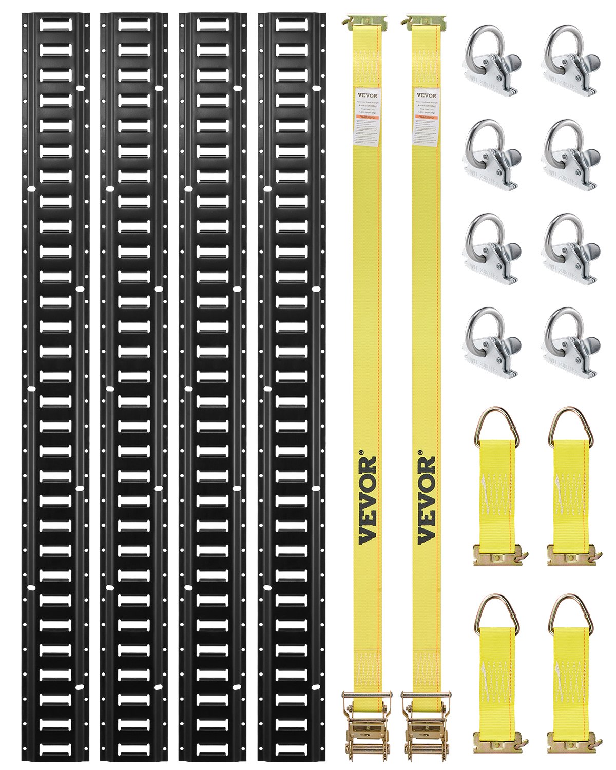 VEVOR E-Track tie-down rail set, 18-piece, 1524 mm E-Track set, including 4 steel rails, 8 O-ring anchors, 4 tie-down straps with D-rings, and 2 ratchet straps, securing accessories for cargo motorcycles, 907 kg