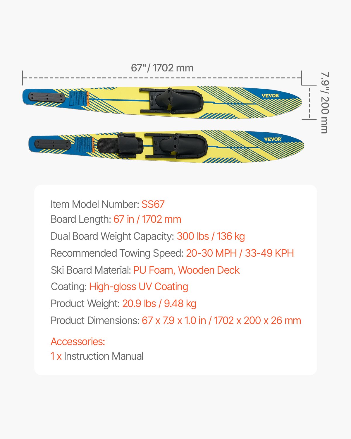 VEVOR water skis (1702 mm) with X-9 adjustable horseshoe bindings & padded rear toe plate, high-gloss UV coating, water ski combination for adults up to 136 kg
