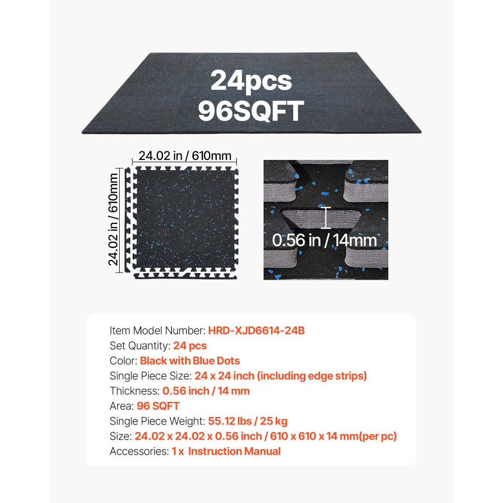 VEVOR Puzzle Exercise Mat, 24 PCS Fitness Equipment Mats, 610 x 610 x 14 mm, High-Density EVA Foam Mat Set, Interlocking Rubber Soft Tiles, Protective Floor Padding with Blue Dots for Home Gym Office