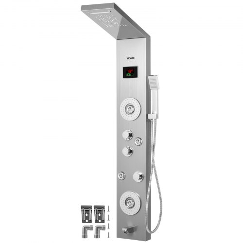 VEVOR LED Duschpaneel 6 in 1 Edelstahl Duschpaneelsysteme Verstellbare Massagedüsen Silberner Sprüher Regen Duschpaneel Wasserfall Massagesystem für Haus Hotel