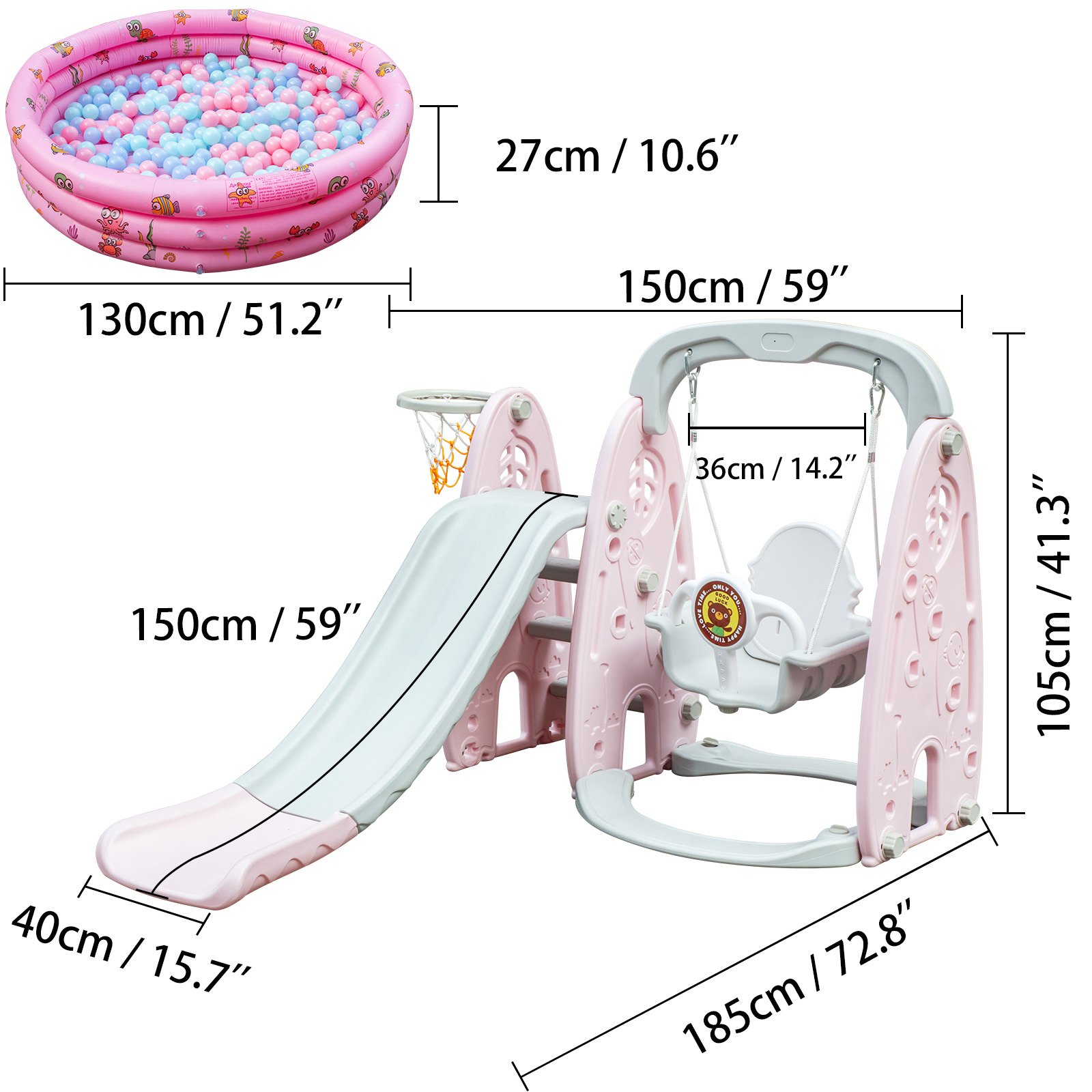 VEVOR 5 in 1 Pool Aufblasbares mit 100PC Ozean-Ball Kinderbecken, Planschbecken, Schaukel, Haushalt Household mit Rutschen und Körben Ozean-Ball Pool Aufblasbare Infant Kinderbecken(Pink)