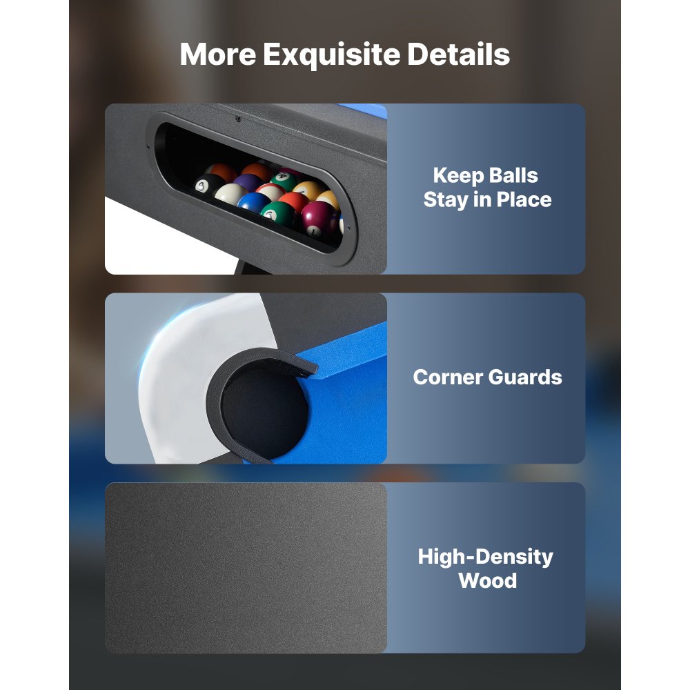 VEVOR Billardtisch 213 cm moderner Spieltisch mit verstellbaren Füßen, komplettes Set inkl. Bällen/Queues/Ständer/Kreide/Bürste, für Spielzimmer Freizeiträume schwarz mit blauem Tuch