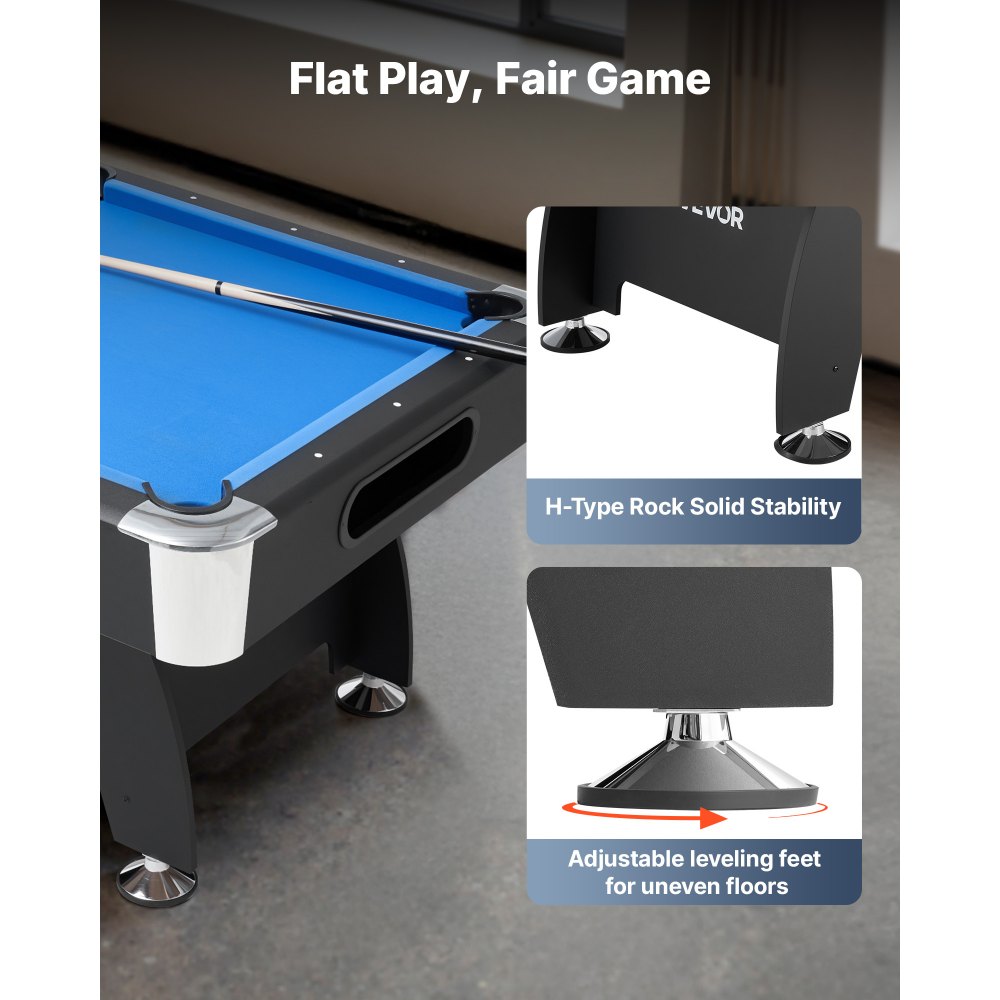 VEVOR Billardtisch 213 cm moderner Spieltisch mit verstellbaren Füßen, komplettes Set inkl. Bällen/Queues/Ständer/Kreide/Bürste, für Spielzimmer Freizeiträume schwarz mit blauem Tuch