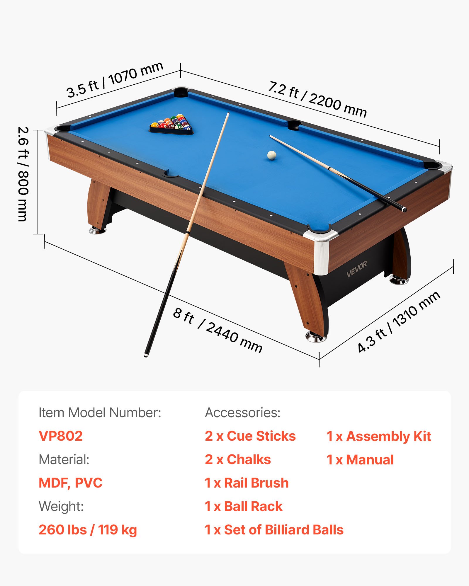 VEVOR Billardtisch 244 cm mit Holzoberfläche, moderner Spieltisch mit verstellbaren Füßen, komplettes Set inkl. Bällen/Queues/Ständer/Kreide/Bürste, für Spielzimmer Freizeiträume Blau