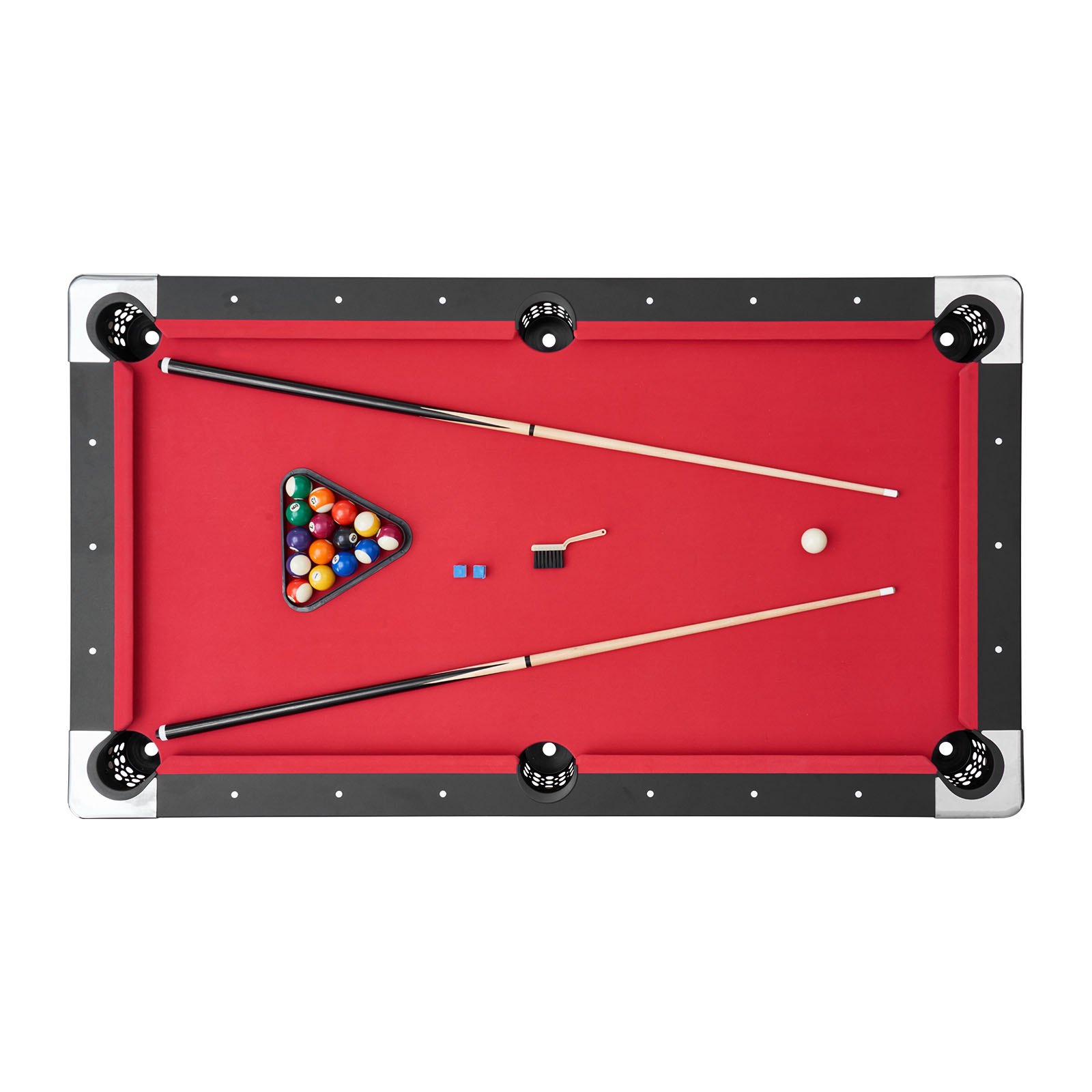 VEVOR Billardtisch 183 cm moderner Spieltisch mit verstellbaren Füßen, komplettes Set inkl.Bällen / Queues / Ständer / Kreide / Bürste, für Spielzimmer Freizeiträume schwarz mit rotem Tuch