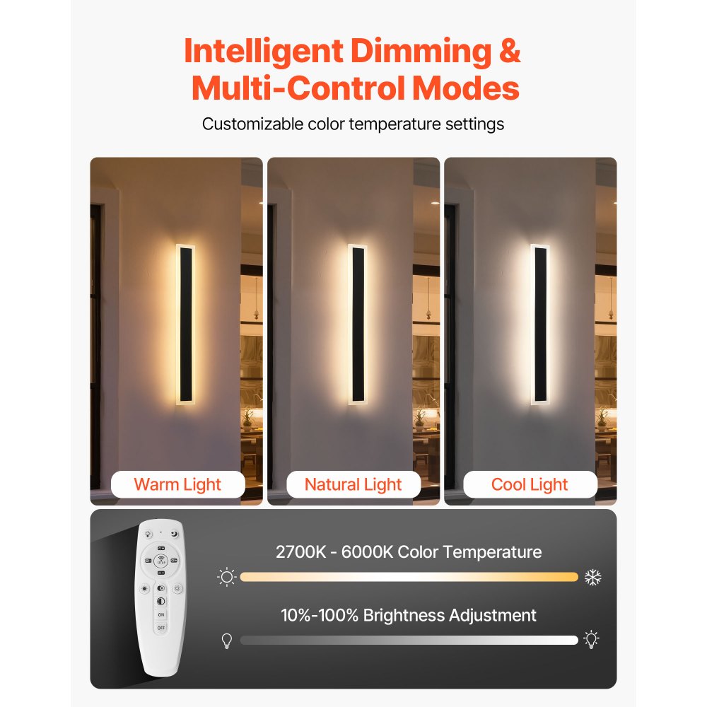 VEVOR Wandleuchten, 2er-Pack, 600 mm lange Streifen, moderne Außenwandleuchten, 2700 K–6000 K, IP65 wasserdicht, rostfrei, dimmbar Wand Licht, für Haus, Veranda, Garten, Terrasse, Garage