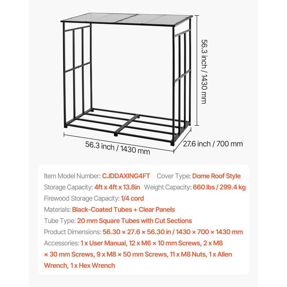 VEVOR Metall Kaminholzregal, 143x70x143 cm Brennholzregal, Kaminholzunterstand, max. Tragkraft 300 kg, Feuerholzregal, Kaminholzlager, Stapelhilfe für Veranden, Terrassen, Gärten
