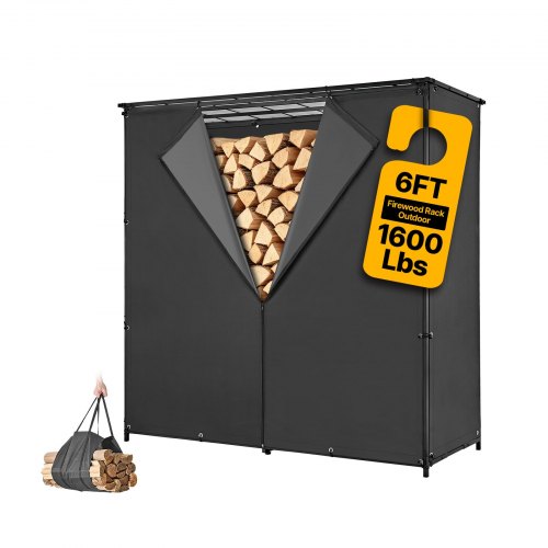 VEVOR Kaminholzregal 3/8 Cord Brennholzregal mit Abdeckung 1855x715x1850 mm, für Kamin, Terrasse & Balkon, Rahmen aus Kohlenstoffstahl Pulverbeschichtet, Tragfähigkeit 730 kg, Kapazität 1962 L Schwarz