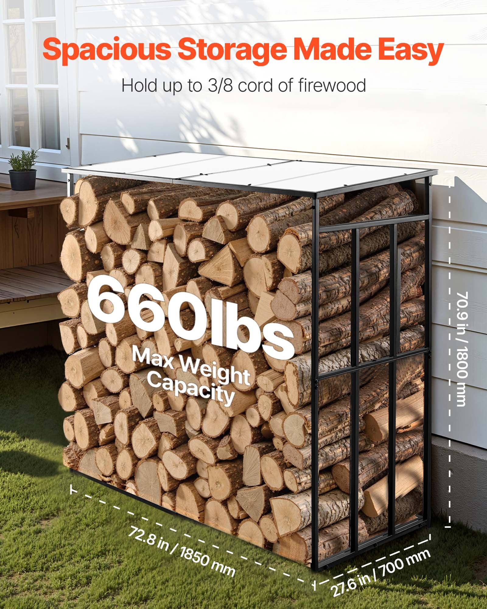 VEVOR Metall Kaminholzregal, 1850x700x1800 mm Brennholzregal, Kaminholzunterstand, max. Tragkraft 300 kg, Feuerholzregal, Kaminholzlager, Stapelhilfe für Kamin, Terrasse, Hinterhof