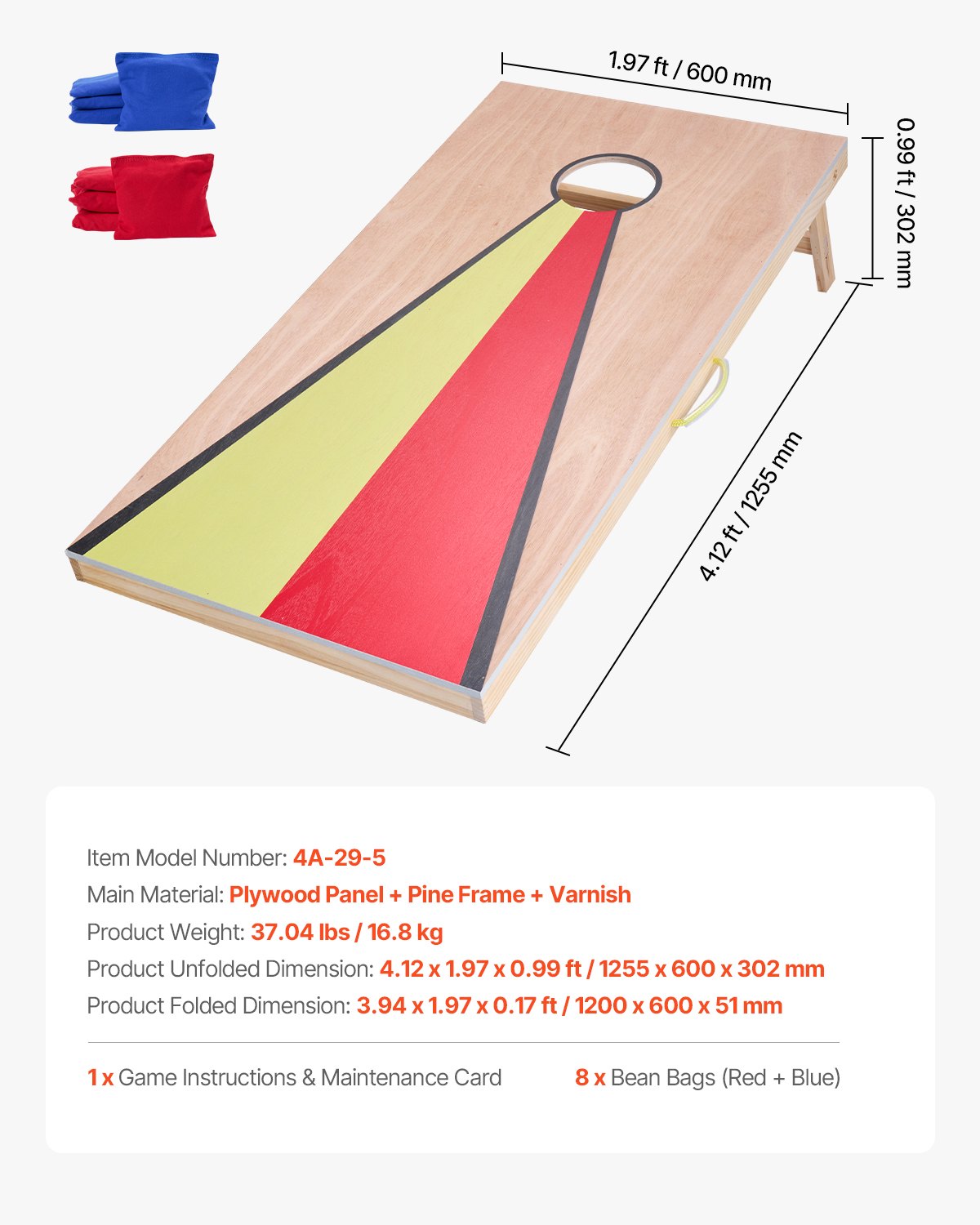 VEVOR Cornhole Spiel Set (1255 x 600 x 302 mm) Cornhole-Spielbretter, tragbares Wurfbrett aus Massivholz, Cornhole-Spiel für Erwachsene, inkl. 8 Sitzsäcken & Griff, für Garten Hinterhof Camping