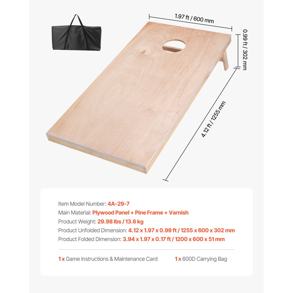 VEVOR Cornhole Spiel Set (1255 x 600 x 302 mm) Cornhole-Spielbretter, tragbares Wurfbrett aus Massivholz, Cornhole-Spiel für Erwachsene, inkl. Tragetasche, für Garten Hinterhof Strand Camping