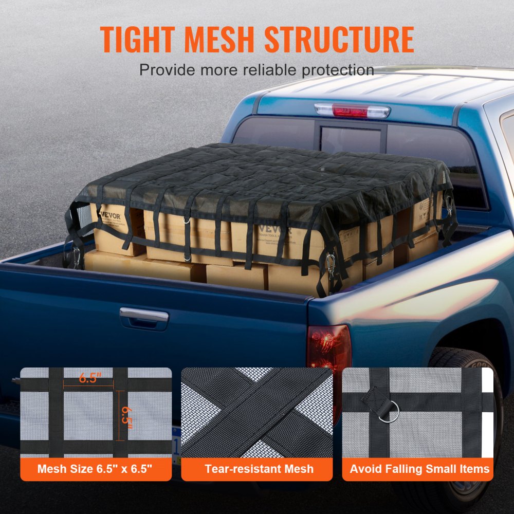 VEVOR Cargo Net, 2440 x 2060 mm, Truck Bed Net, 4 Adjustable Straps with Carabiners & S-Hooks, Wear-Resistant & Weatherproof Transport Net, Luggage Net Suitable for Pickup, Truck, Jeep, SUV, Boat