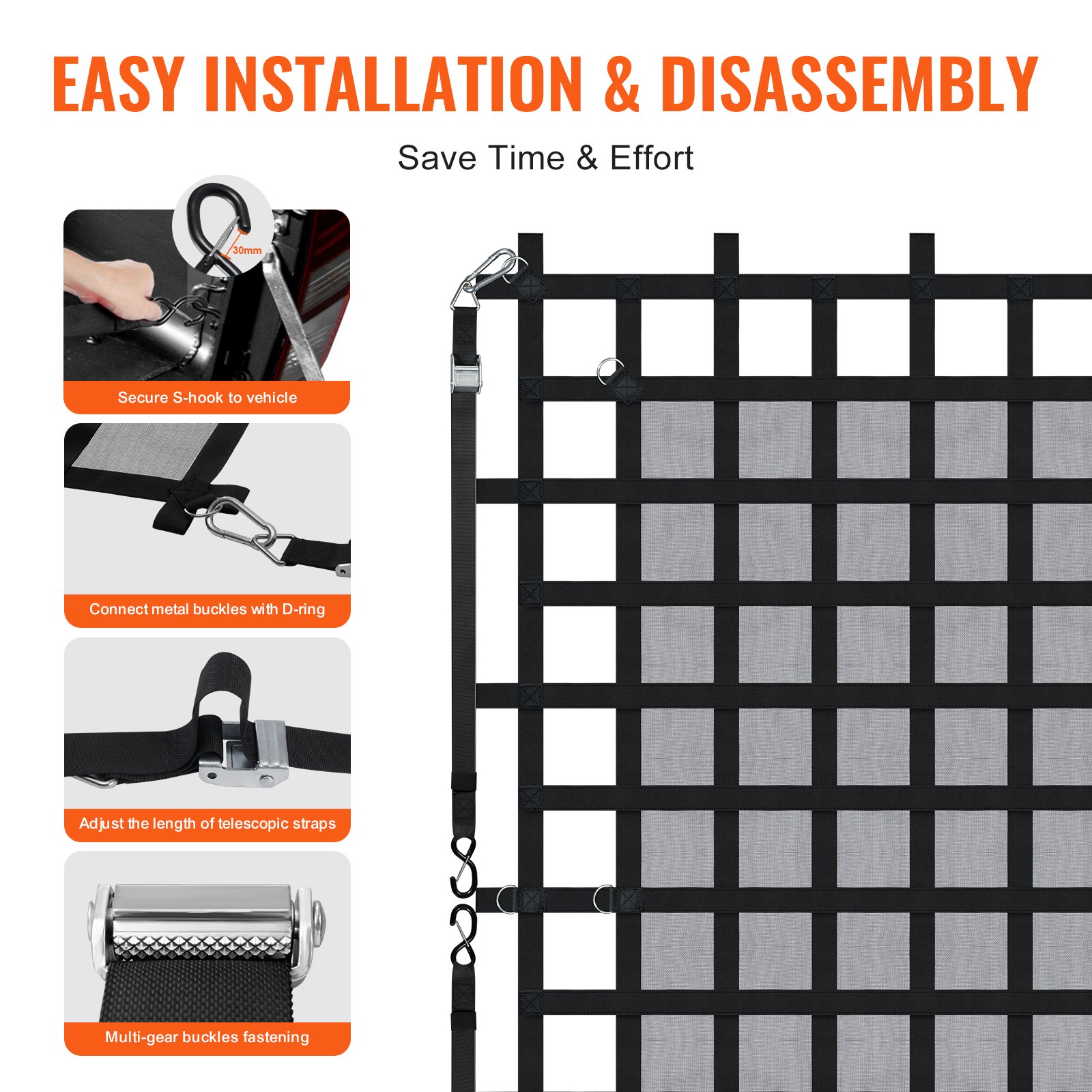 VEVOR Cargo Net, 2440 x 2060 mm, Truck Bed Net, 4 Adjustable Straps with Carabiners & S-Hooks, Wear-Resistant & Weatherproof Transport Net, Luggage Net Suitable for Pickup, Truck, Jeep, SUV, Boat