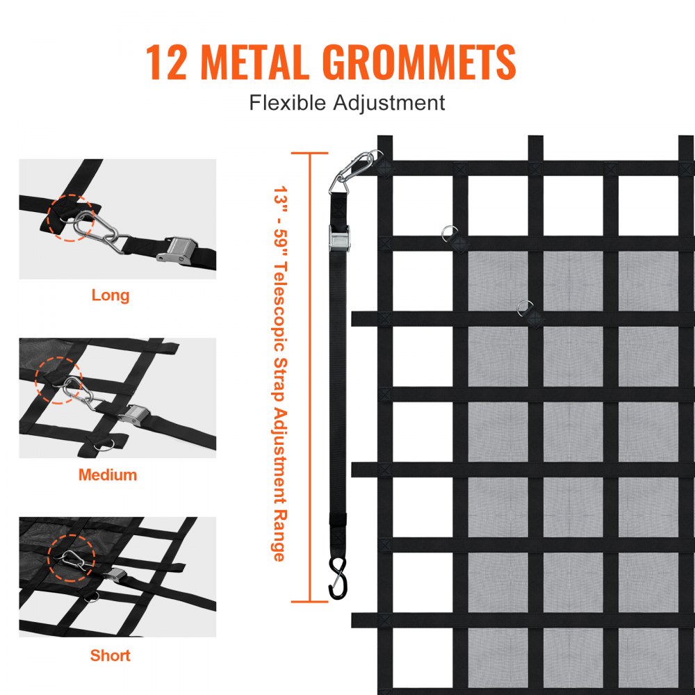 VEVOR Frachtnetz, 183 x 145 cm, LKW-Ladeflächennetz, 4 verstellbare Gurte mit Karabinern & S-Haken, Transportnetz verschleißfest & wetterfest, Gepäcknetz geeignet für Pickup, LKW, Jeep, SUV, Boot