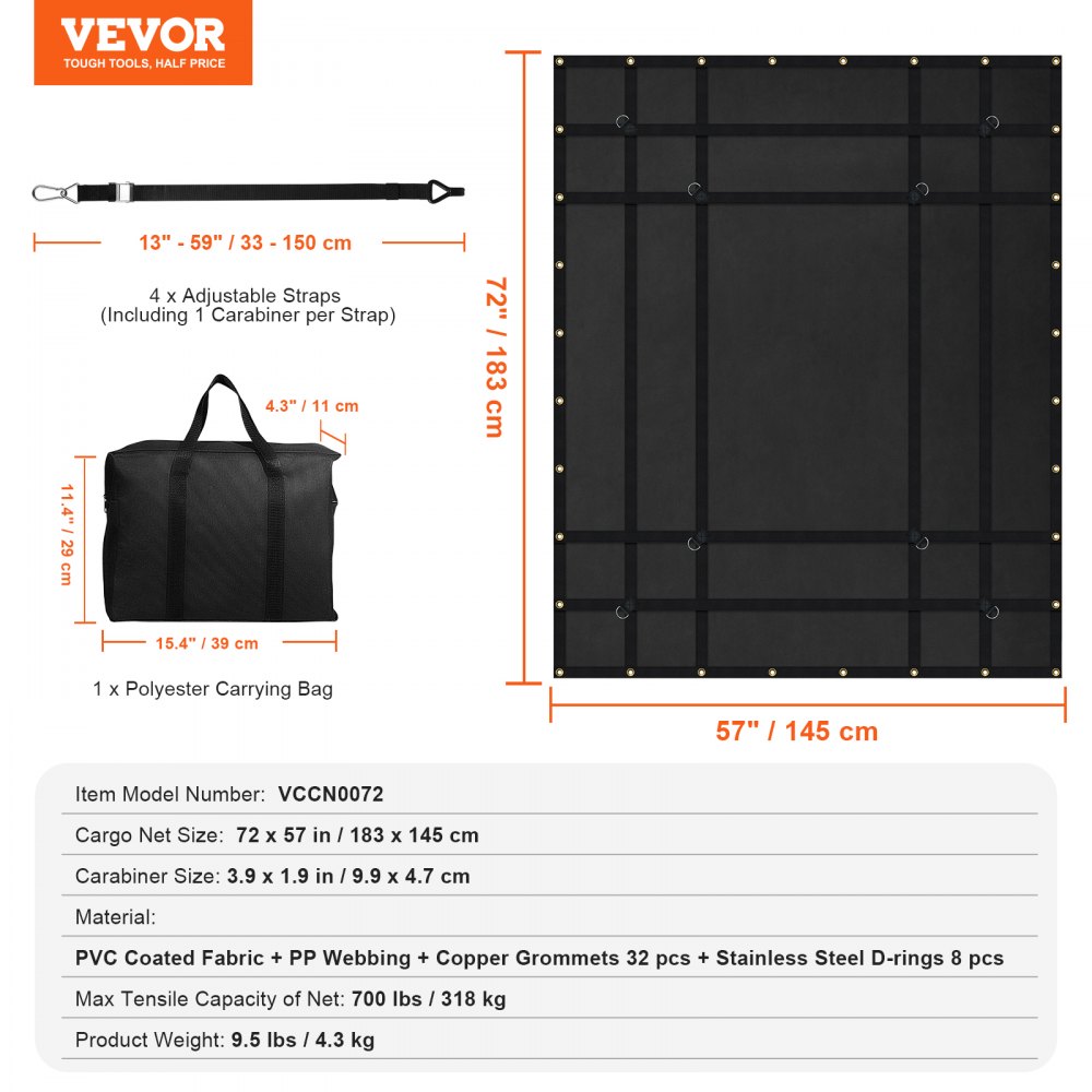 VEVOR Cargo Net, 183 x 145 cm, Truck Cargo Net for Loading Area, 4 Adjustable Straps with Carabiners and Rubber-Coated Hooks, Durable, Suitable for Pickup, Jeep, Truck, SUV, Boat (Black)