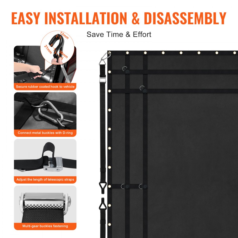 VEVOR Frachtnetz, 305 x 267 mm, LKW-Ladeflächennetz, 4 verstellbare Gurte mit Karabinern und gummibeschichteten Haken, Transportnetz, Gepäcknetz geeignet für Pickup, Jeep, LKW, SUV, Boot (schwarz)