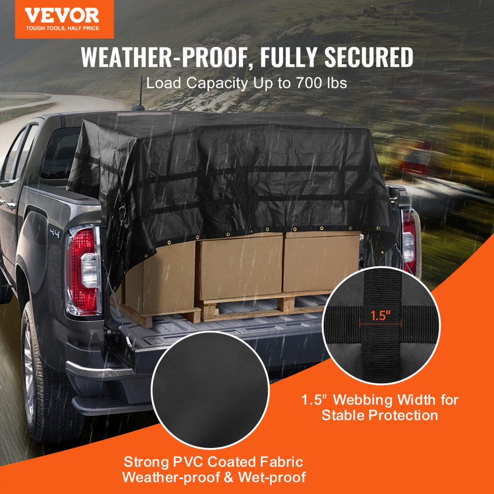 VEVOR Cargo Net, 305 x 267 mm, Truck Bed Net, 4 Adjustable Straps with Carabiners and Rubber-Coated Hooks, Transport Net, Luggage Net Suitable for Pickup, Jeep, Truck, SUV, Boat (Black)