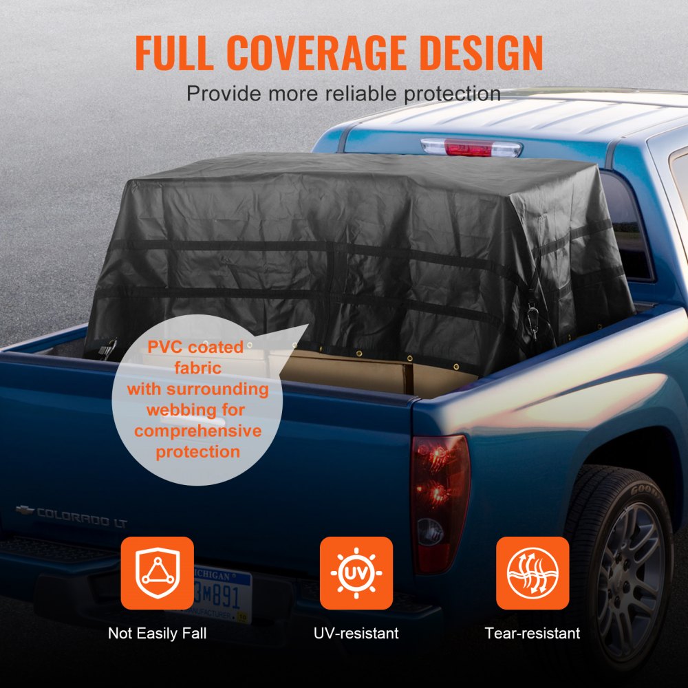 VEVOR Cargo Net, 305 x 267 mm, Truck Bed Net, 4 Adjustable Straps with Carabiners and Rubber-Coated Hooks, Transport Net, Luggage Net Suitable for Pickup, Jeep, Truck, SUV, Boat (Black)