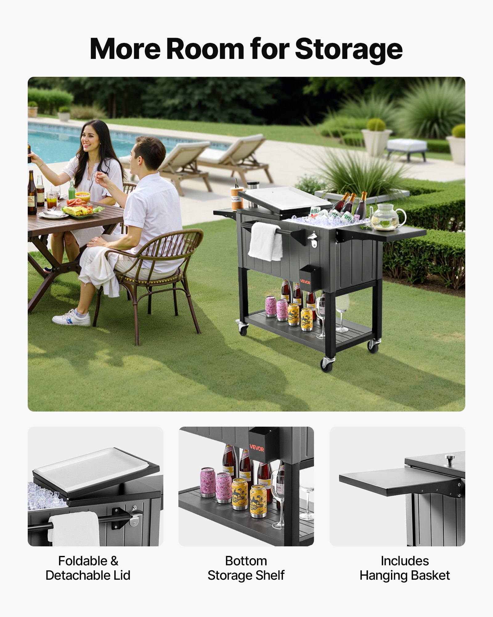 VEVOR Kühlwagen Getränkewagen 75,71 L bis zu 50 Flaschen / 110 Dosen, Beistellwagen für Terrassenpartys und Bars mit unterem Regal & Seitenregalen & Flaschenöffner & Deckel, Getränkekühler Schwarz