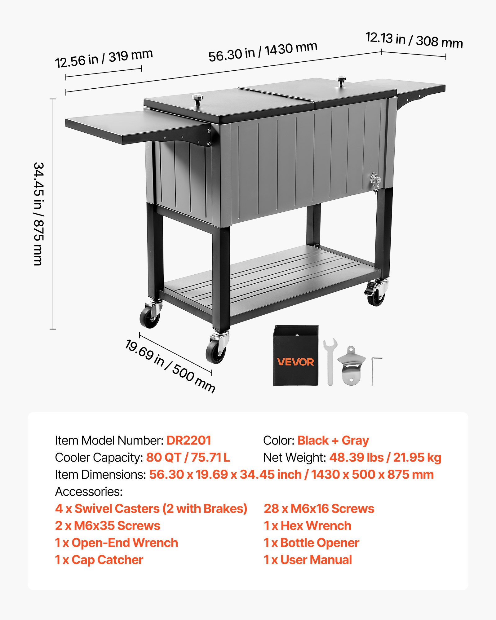 VEVOR Kühlwagen Getränkewagen 75,71 L bis zu 50 Flaschen / 110 Dosen, Beistellwagen für Terrassenpartys und Bars mit unterem Regal & Seitenregalen & Flaschenöffner & Deckel, Getränkekühler Schwarz