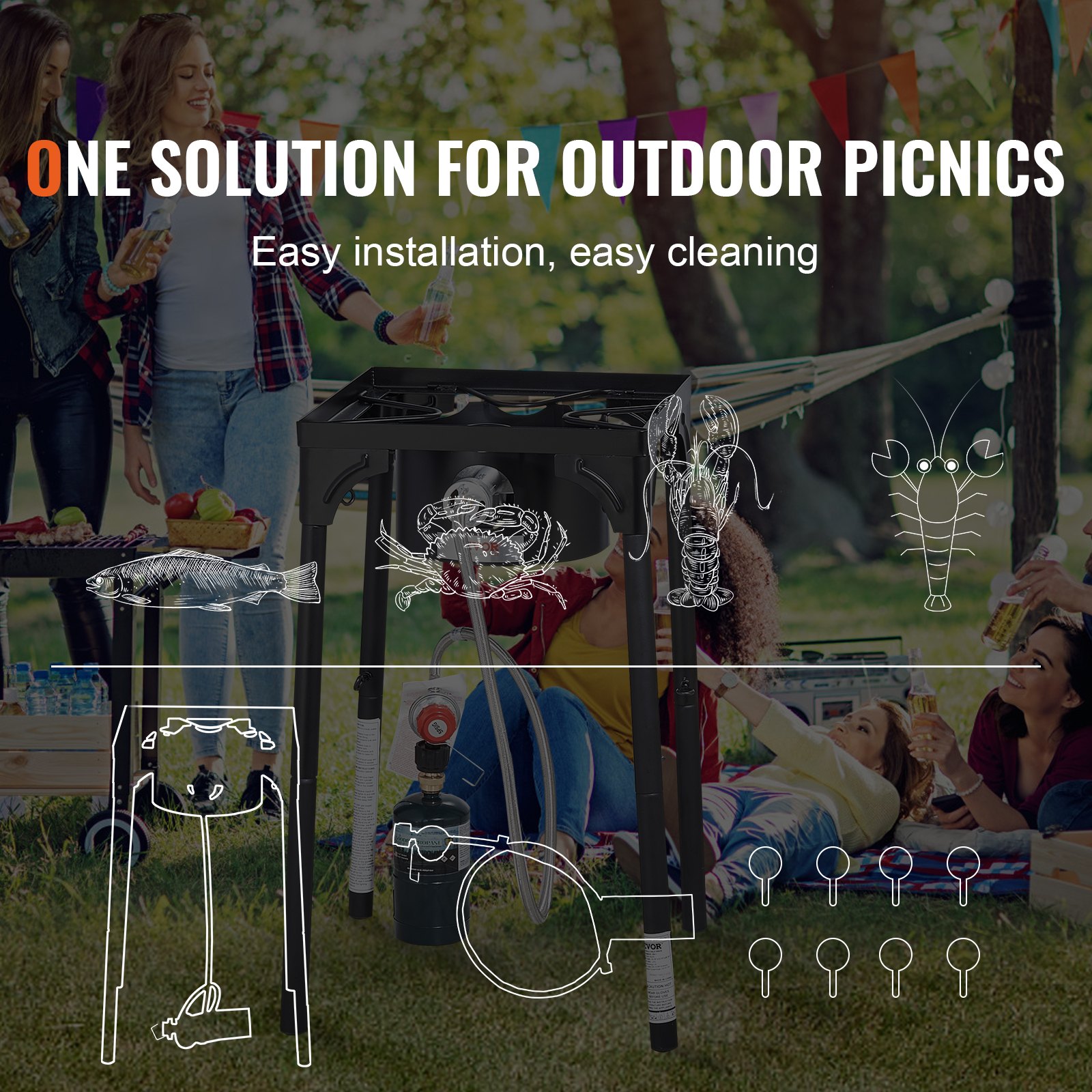 VEVOR Outdoor-Campingkocher, Flüssiggas Gaskocher, 40 x 40 x 70 cm Einzelbrenner Campingkocher Hockerkocher, 30000 BTU Wokbrenner Gasherd Hausparty Camping Campinggaskocher inkl. Gasschlauch