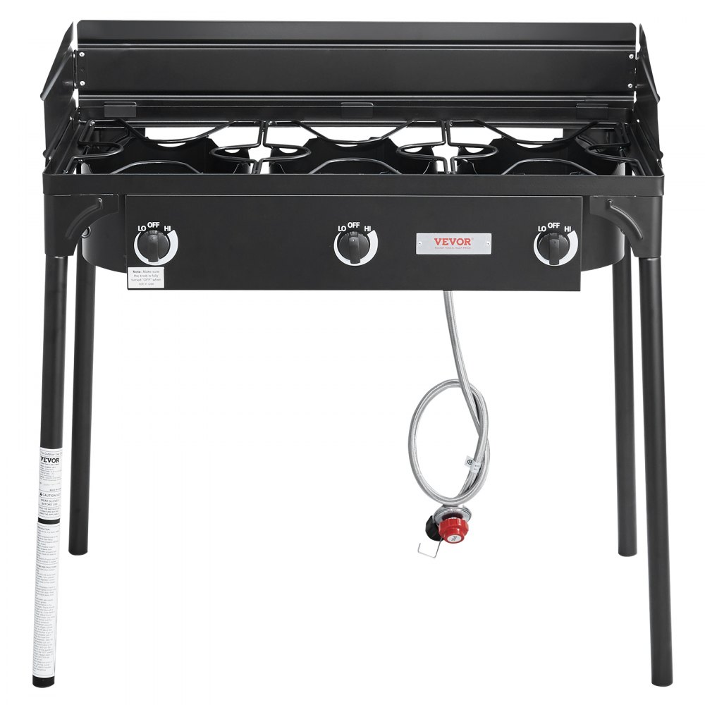VEVOR Outdoor-Campingkocher, Flüssiggas Gaskocher, 87 x 45 x 90 cm Dreifachbrenner Campingkocher Hockerkocher, 90000 BTU Wokbrenner Gasherd Hausparty Camping Campinggaskocher inkl. Gasschlauch