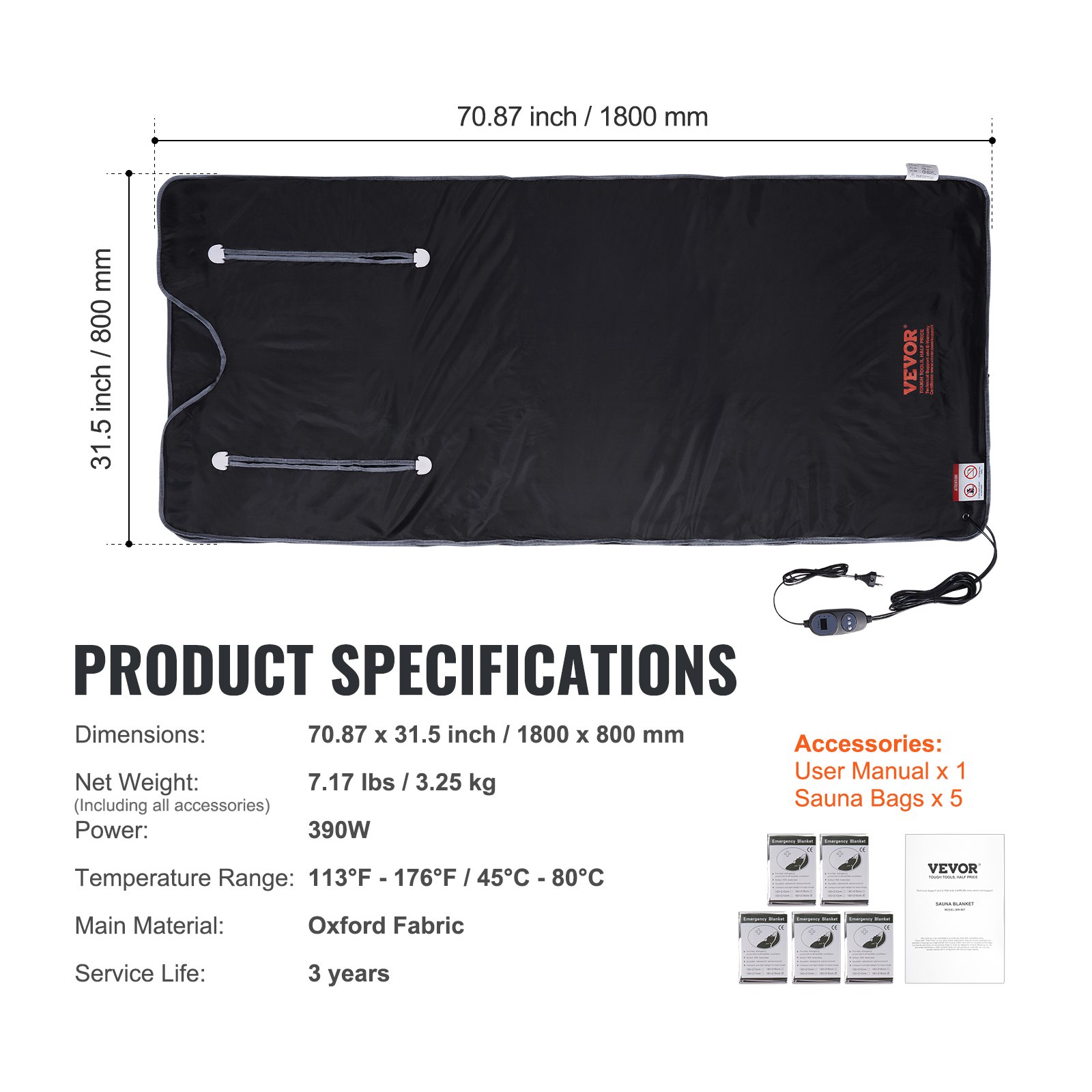 VEVOR 390W Infrarot Saunadecke 1800x800mm Sauna Blanket 1-6 Stufen (35°C-85°C) Infrarotdecke 40-Minuten-Fettverbrennung Heizdecke 5-Schicht-Sicherheitsmaterialien Heizmatte Körper Abnehmen Fitness