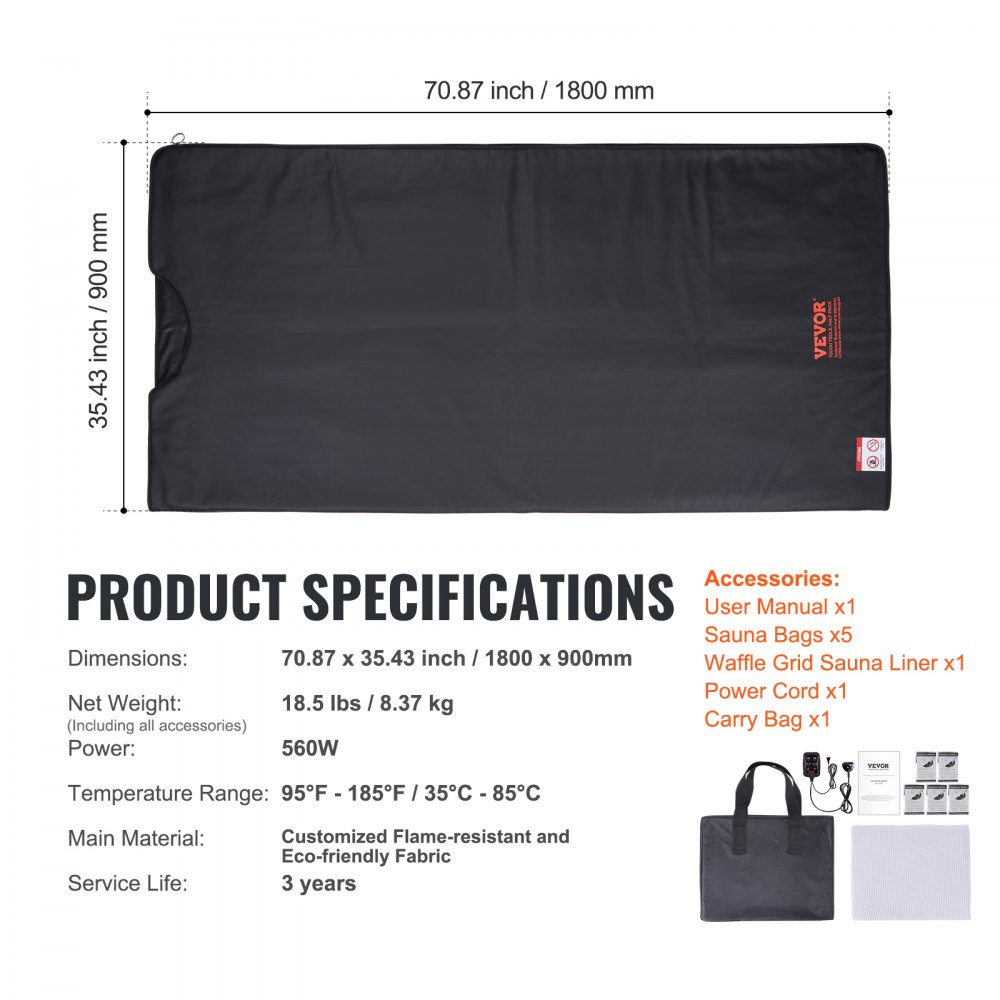 VEVOR 560W Infrarot Saunadecke Sauna Blanket 1-6 Stufen (35°C-85°C) Infrarotdecke 40-Minuten-Fettverbrennung Heizdecke 5-Schicht-Sicherheitsmaterialien Heizmatte Körper Abnehmen Fitness
