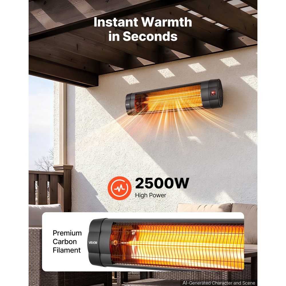 VEVOR Infrarot Heizstrahler 2500W Elektrischer Infrarotstrahler Wandgerät, Infrarotheizung für Garten Terrasse Balkon, Bedienfeld & Fernbedienung, 3 Heizstufen, 24h Timer, Hitzebeständiges PP-Material