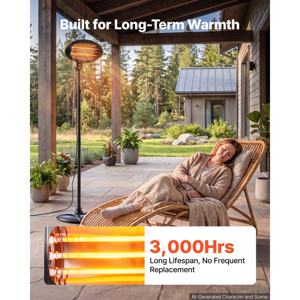 VEVOR Infrarot Heizstrahler 2000W 2-in-1 Infrarotstrahler mit Zugschalter, Infrarotheizung für Garten Terrasse Balkon, 3 Heizstufen, Kaltgewalzter Stahl, Mit Quarz-Heizelemente, Wand- & Standgerät