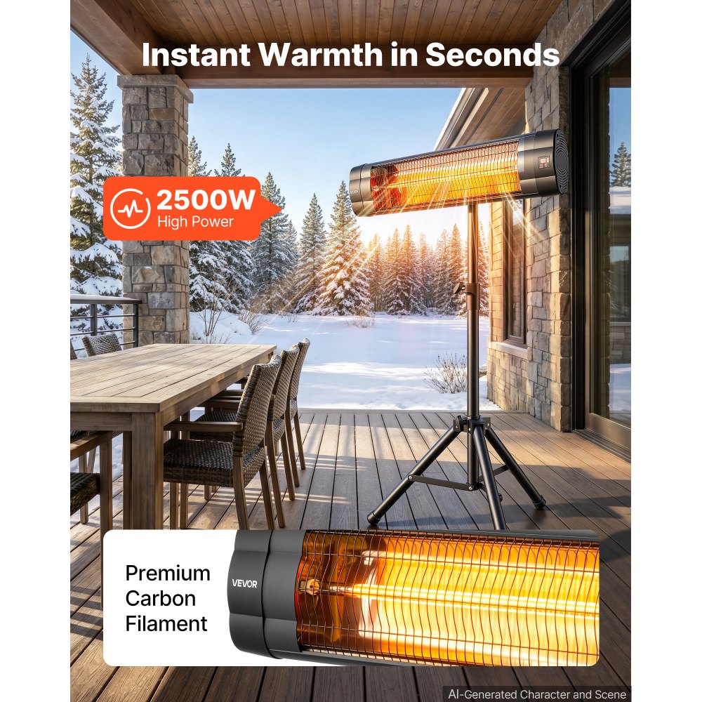 VEVOR Infrarot Heizstrahler 2500W Elektrischer Infrarotstrahler mit Stativ, Infrarotheizung für Garten Terrasse Balkon, Bedienfeld & Fernbedienung, 3 Heizstufen, 24h Timer, 2-in-1 Wand- & Standgerät