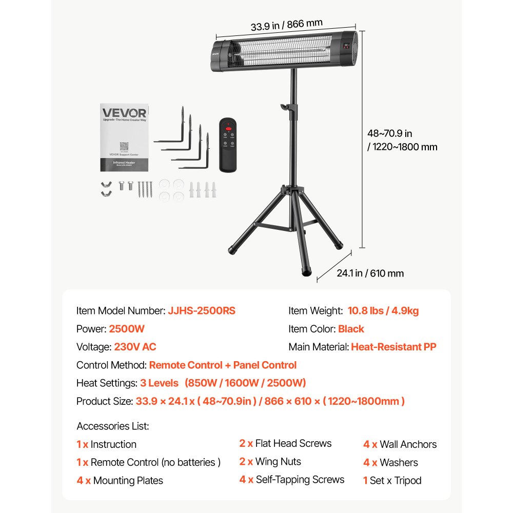 VEVOR Infrarot Heizstrahler 2500W Elektrischer Infrarotstrahler mit Stativ, Infrarotheizung für Garten Terrasse Balkon, Bedienfeld & Fernbedienung, 3 Heizstufen, 24h Timer, 2-in-1 Wand- & Standgerät