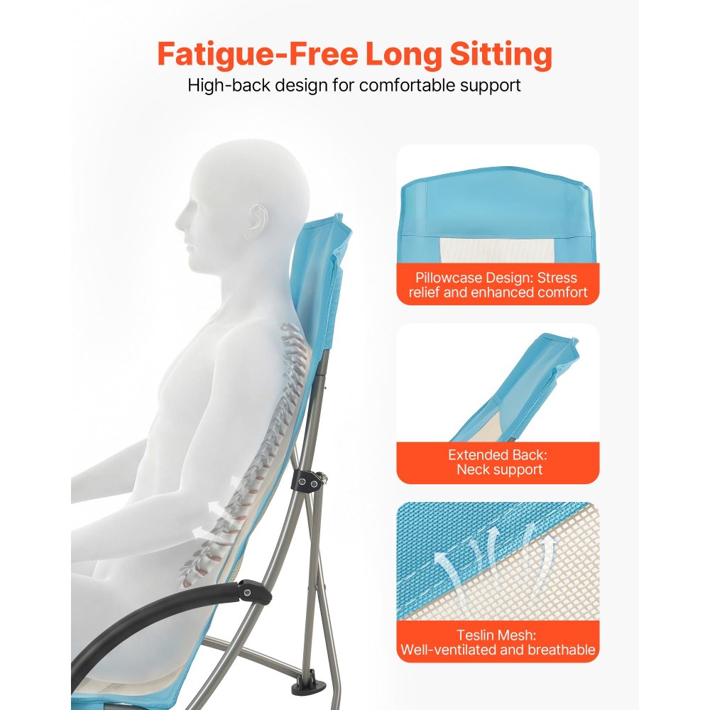 VEVOR Folding Beach Chair, High Back Camping Chairs for Adults, with Cup Pocket, Mesh Back, Carry Bag, Portable Extra Wide Seat Chair 150 kg Heavy Duty Support, for Outdoor, Camp, Light Blue