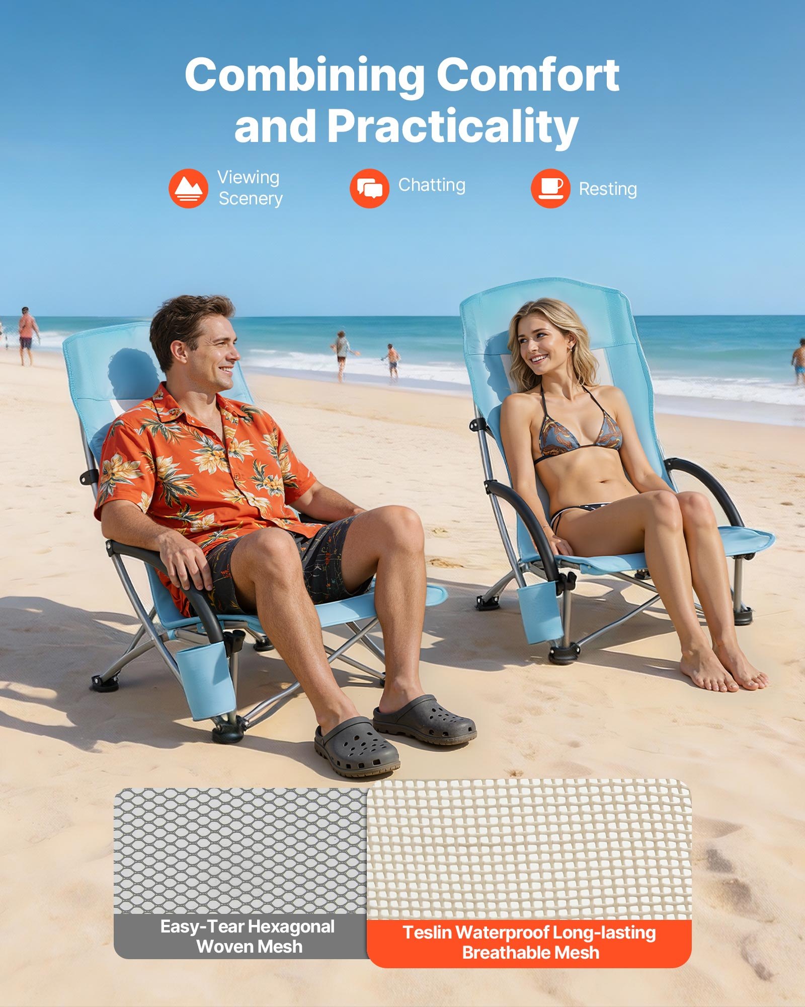 VEVOR Folding Beach Chair, High Back Camping Chairs for Adults, with Cup Pocket, Mesh Back, Carry Bag, Portable Extra Wide Seat Chair 150 kg Heavy Duty Support, for Outdoor, Camp, Light Blue