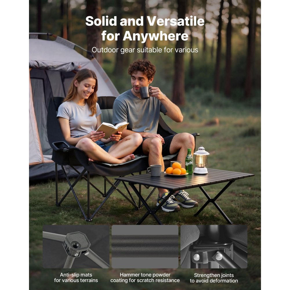 VEVOR Campingstuhl für 2 Personen Faltstuhl 300 kg Belastbar, Anglerstuhl mit 2 Getränkehaltern & Weinglashaltern & Zeitschriftenhalterungen & Tragetaschen, für Outdoor-Aktivitäten Angeln 1 Stk.