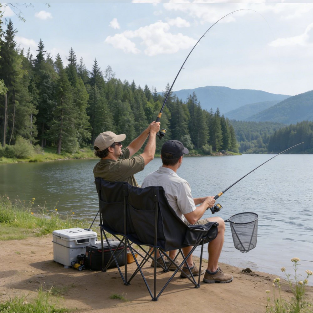 VEVOR Campingstuhl für 2 Personen Faltstuhl 300 kg Belastbar, Anglerstuhl mit 2 Getränkehaltern & Weinglashaltern & Zeitschriftenhalterungen & Tragetaschen, für Outdoor-Aktivitäten Angeln 1 Stk.