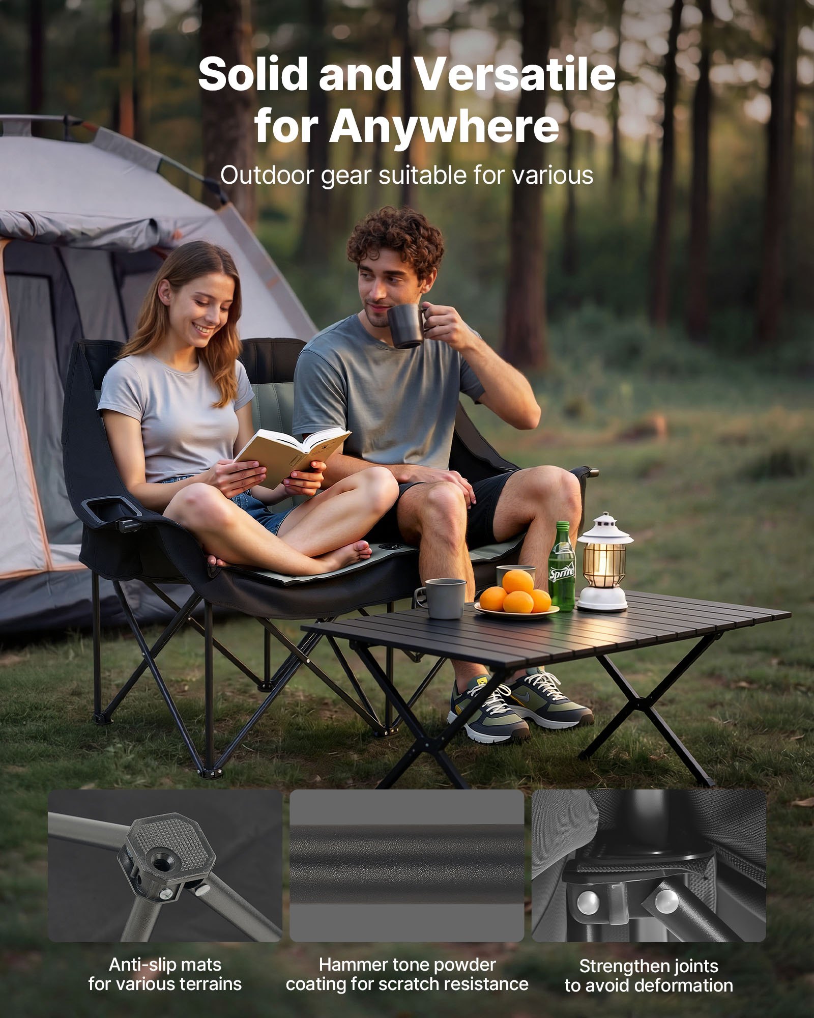 VEVOR Campingstuhl für 2 Personen Faltstuhl 300 kg Belastbar, Anglerstuhl mit 2 Getränkehaltern & Weinglashaltern & Zeitschriftenhalterungen & Tragetaschen, für Outdoor-Aktivitäten Angeln 1 Stk.