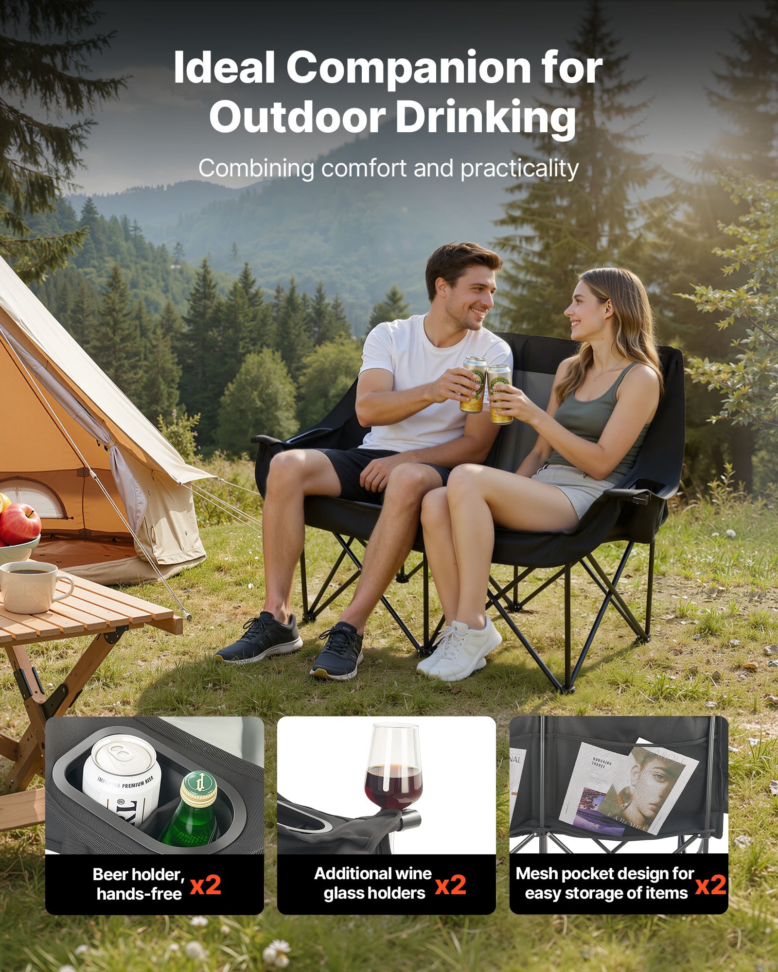 VEVOR Campingstuhl für 2 Personen Faltstuhl 300 kg Belastbar, Anglerstuhl mit 2 Getränkehaltern & Weinglashaltern & Zeitschriftenhalterungen & Tragetaschen, für Outdoor-Aktivitäten Angeln 1 Stk.