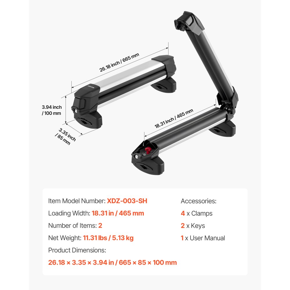 VEVOR Skiboard Snowboard Dachträger für bis zu 4 Paar Ski / 2 Snowboards, 2 x abschließbarer Skidachträger mit Gummipolsterung, Skihalter Träger für die meisten Querträger (465 mm Ladebreite)