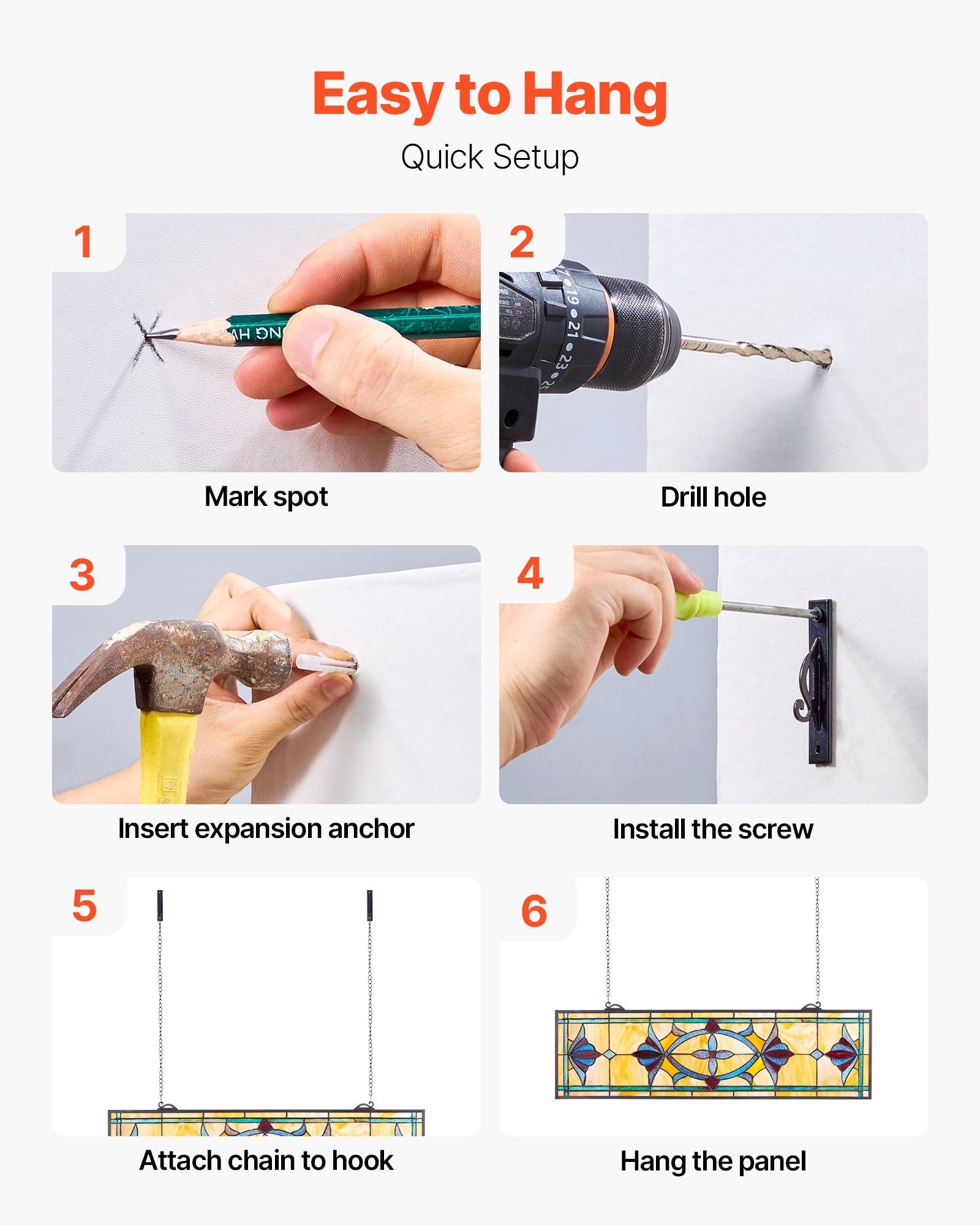 VEVOR Buntglasfensterpaneel (813 x 250 mm) hängendes Buntglas mit Kette, Buntglas im Tiffany-Stil zum Aufhängen, traditionelles rechteckiges Vintage-Kunsthandwerk Fensterdekor für Küche & Kirchen