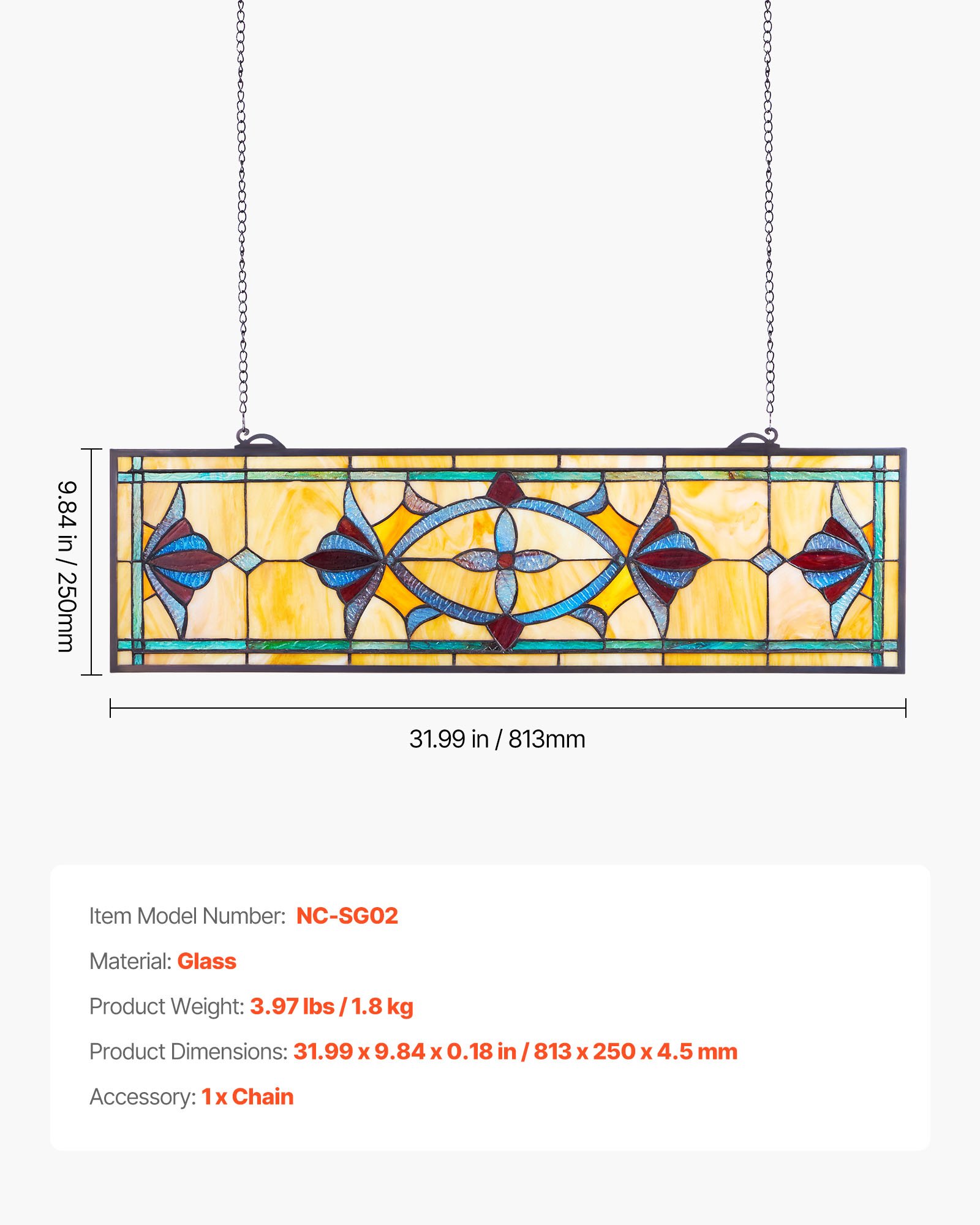 VEVOR Buntglasfensterpaneel (813 x 250 mm) hängendes Buntglas mit Kette, Buntglas im Tiffany-Stil zum Aufhängen, traditionelles rechteckiges Vintage-Kunsthandwerk Fensterdekor für Küche & Kirchen