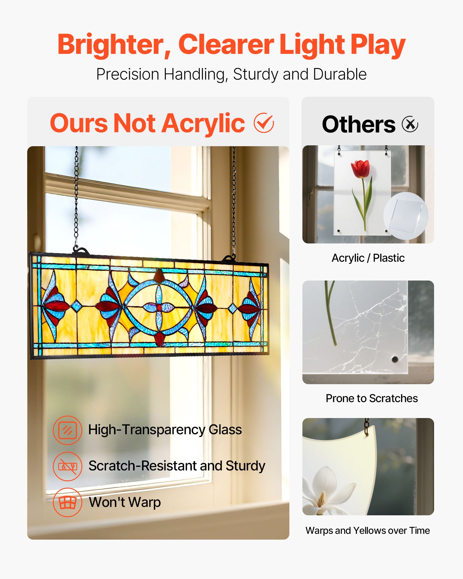 VEVOR Stained Glass Window Panel, 813 x 250 mm, Tiffany Style Hanging Transom Window Panel with Chain, Large Horizontal Rectangle Stain Glass, Vintage Traditional Art Handcrafts for Kitchen Home Decor