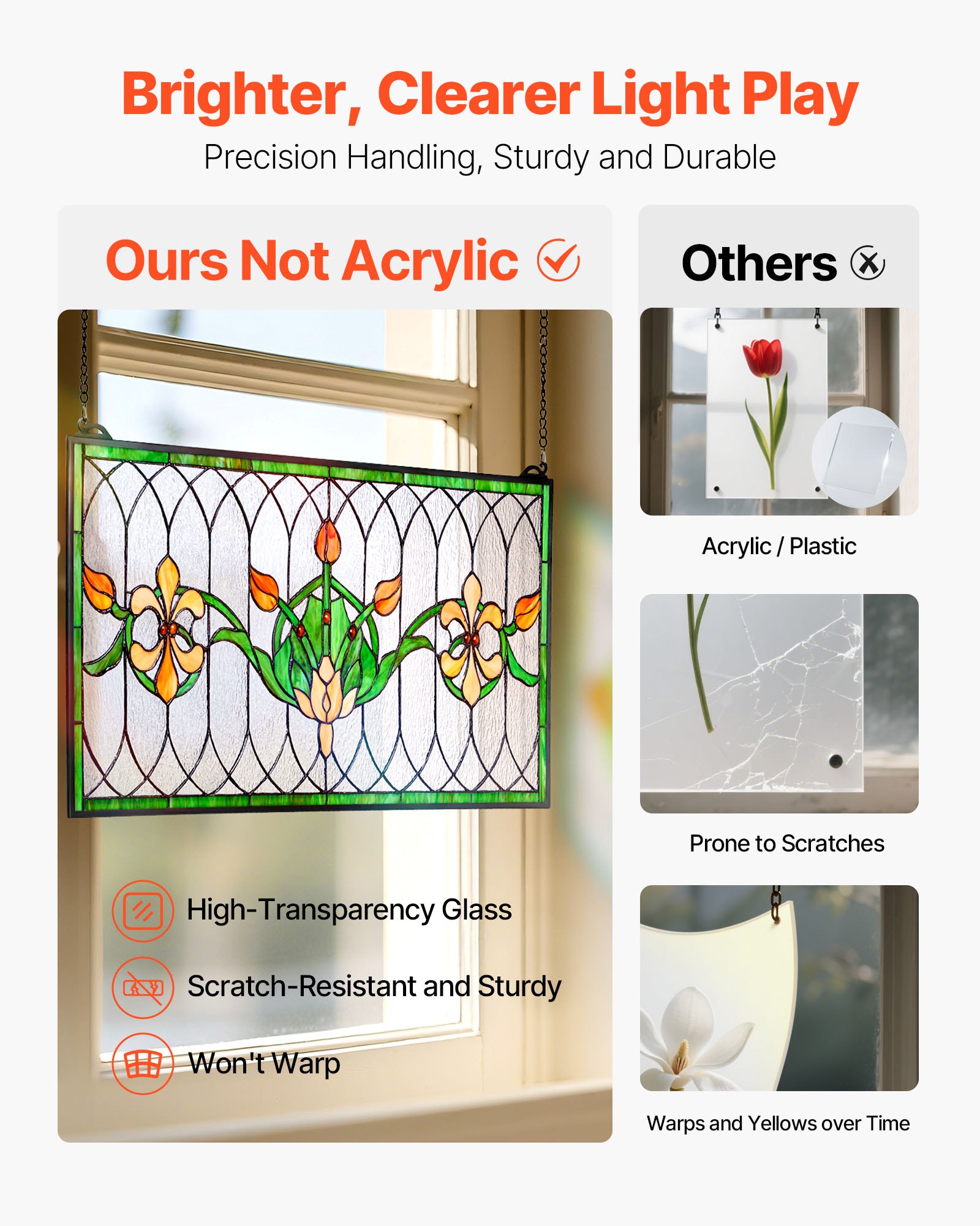 VEVOR Buntglasfensterpaneel (810 x 433 mm) hängendes Buntglas mit Kette, Buntglas im Tiffany-Stil zum Aufhängen, traditionelles rechteckiges Vintage-Kunsthandwerk Fensterdekor für Küche & Kirchen