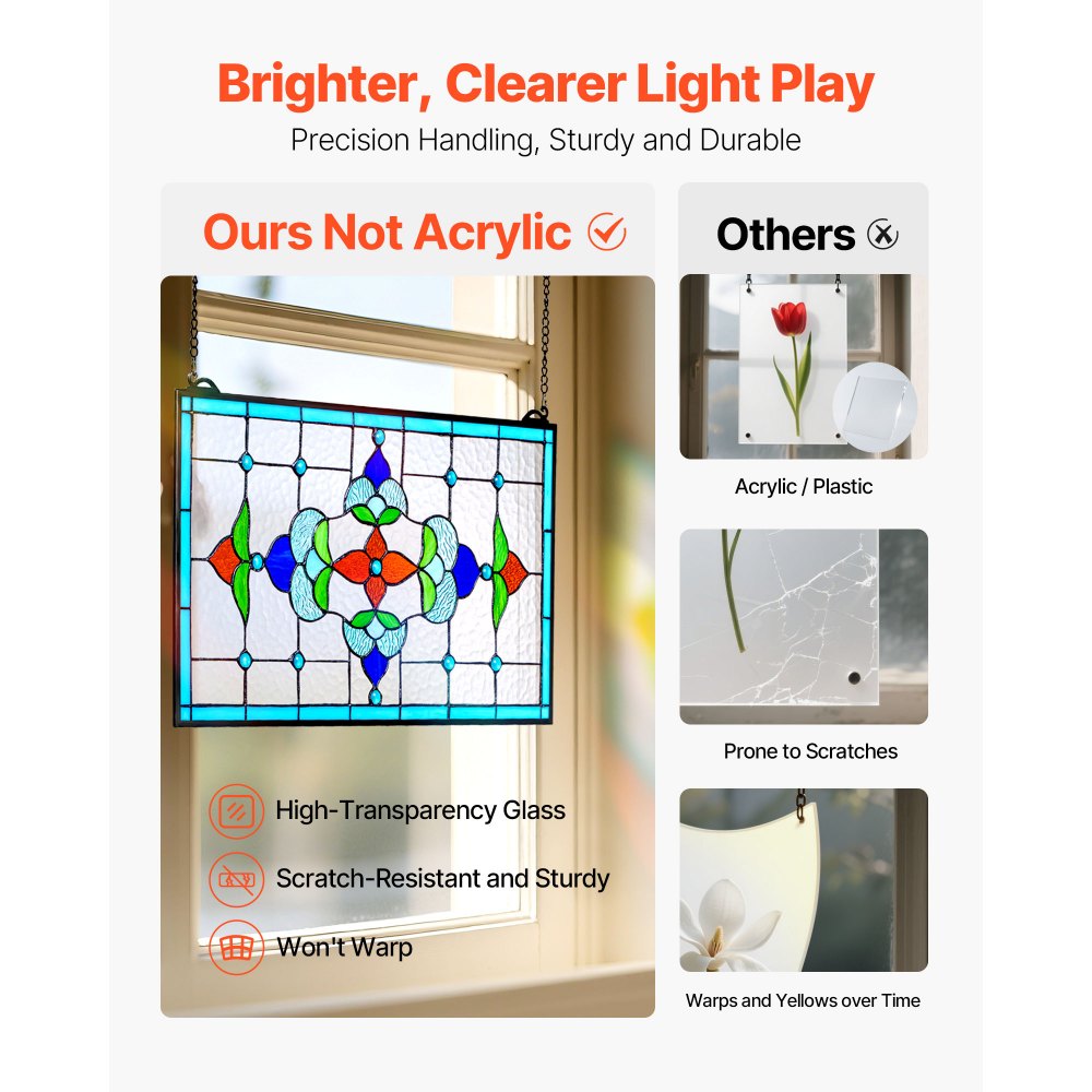 VEVOR Buntglasfensterpaneel (664 x 402 mm) hängendes Buntglas mit Kette, Buntglas im Tiffany-Stil zum Aufhängen, traditionelles rechteckiges Vintage-Kunsthandwerk Fensterdekor für Küche & Kirchen