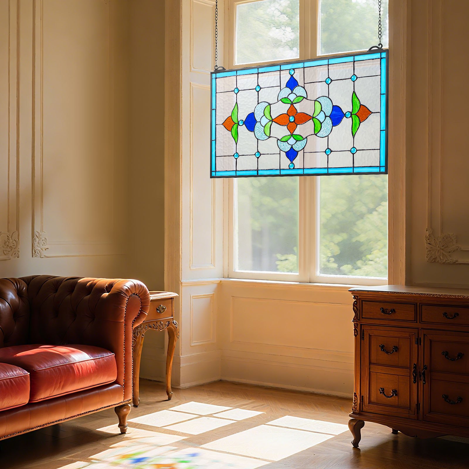 VEVOR Buntglasfensterpaneel (664 x 402 mm) hängendes Buntglas mit Kette, Buntglas im Tiffany-Stil zum Aufhängen, traditionelles rechteckiges Vintage-Kunsthandwerk Fensterdekor für Küche & Kirchen