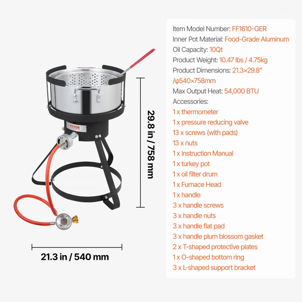 VEVOR Fisch Fritteuse Flügelfritteuse 9,35 L Propan-Fischfritteusen-Set aus Aluminium, Meeresfrüchte-Topf Outdoor mit Thermometer, Siebkorb und 54.000 BTU Propanbrennern, zum Kochen im Freien