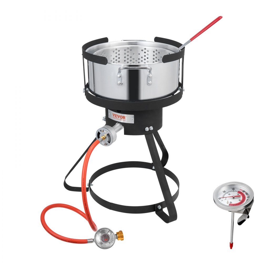 VEVOR Fisch Fritteuse Flügelfritteuse 9,35 L Propan-Fischfritteusen-Set aus Aluminium, Meeresfrüchte-Topf Outdoor mit Thermometer, Siebkorb und 54.000 BTU Propanbrennern, zum Kochen im Freien