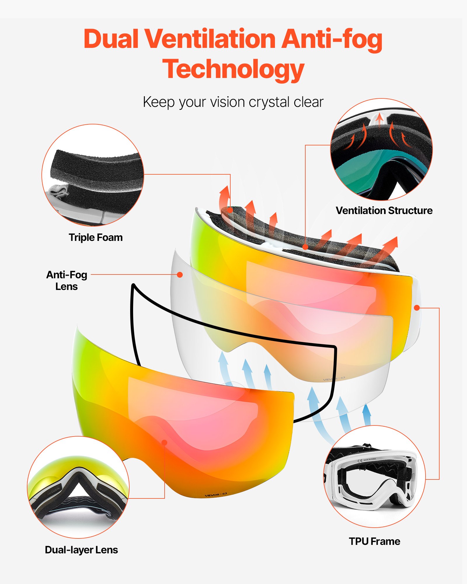 VEVOR Rahmenlose Skibrille, sphärische Linse mit rosa Revo-Beschichtung, OTG Anti-Beschlag-Schutzbrille, Motorradbrille, Motocross Brille, geeignet zum Skifahren, Skaten, Snowboarden